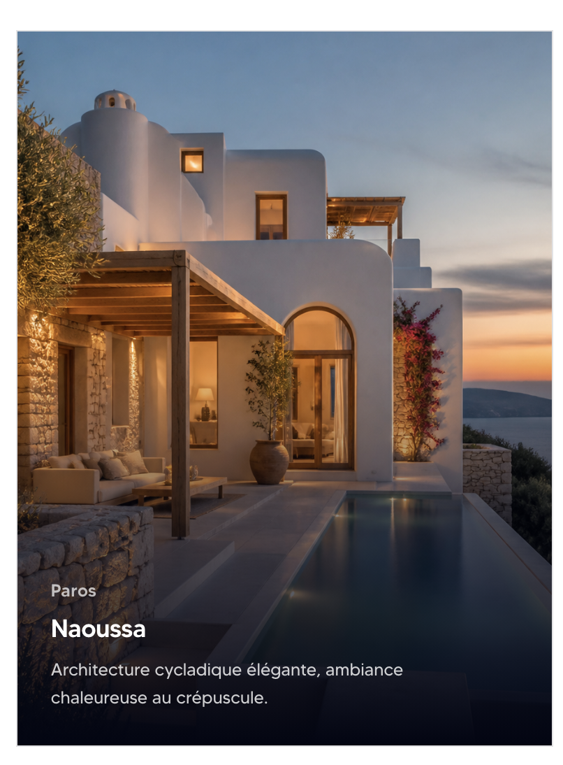 Naoussa, Paros — Lumière dorée, pergola en bois et calme absolu au crépuscule.