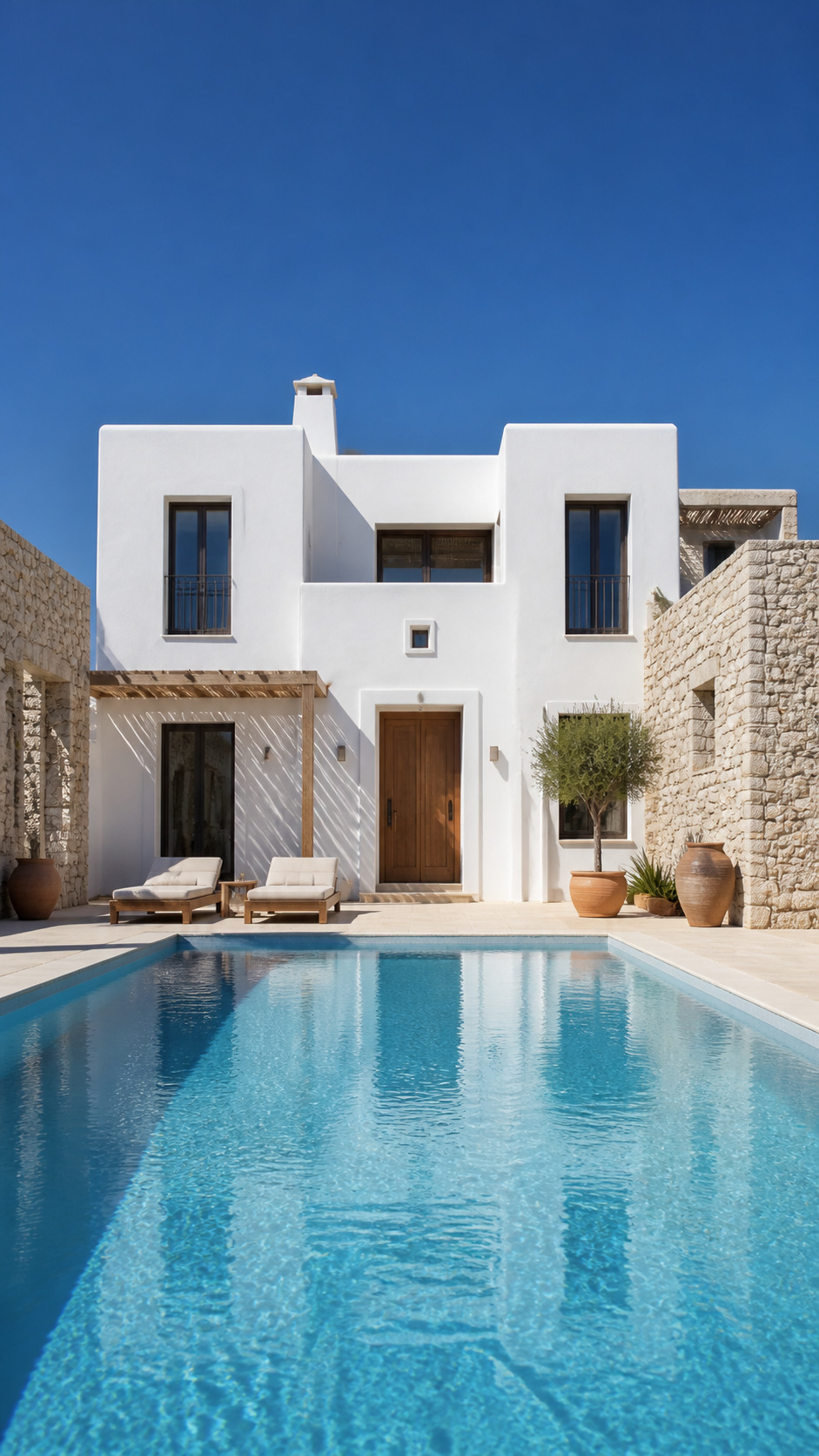 Agios Prokopios, Naxos — Cour protégée, pierre locale et grande piscine.