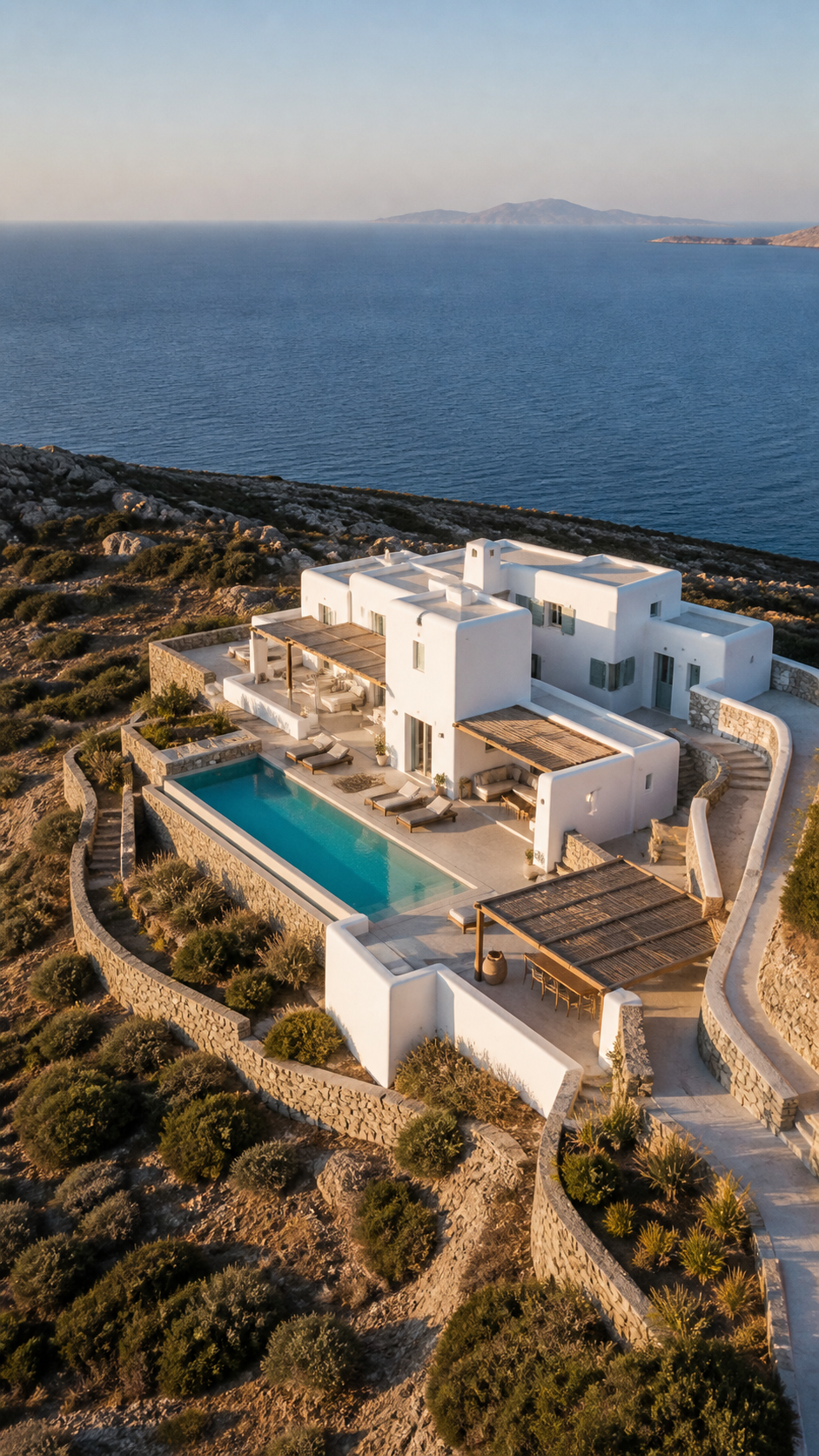 Pollonia, Milos — Propriété isolée dans un paysage rocheux en bord de mer.